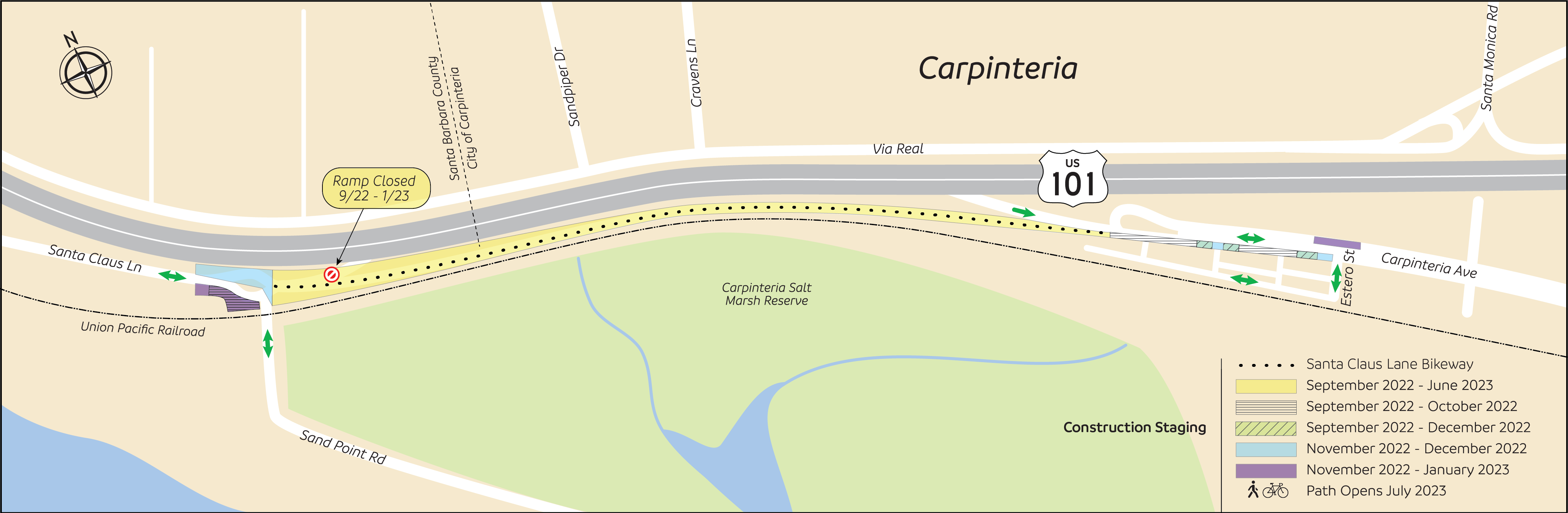 A map showing the location and duration of the Santa Claus Lane Bikeway improvements